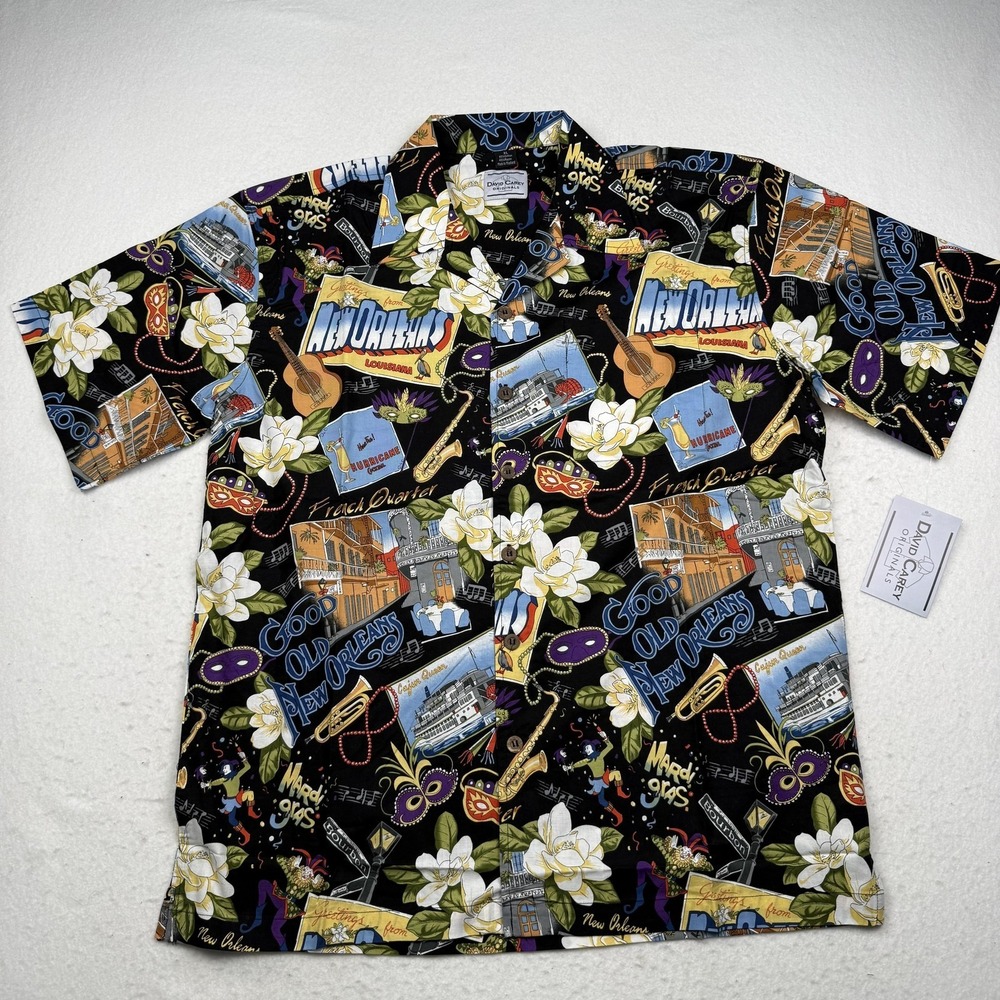 David Carey Shirt Mens XL Black New Orleans Mardi Gras Hawaiian Button Aloha